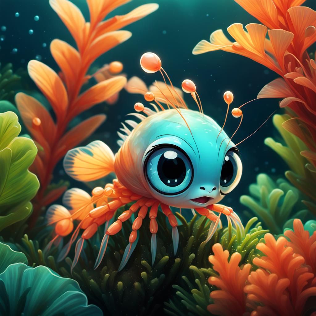 Adorable Shrimp in Sea Plants: 3D Digital Art