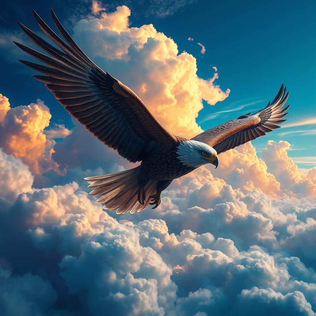 Eagle Majestically Soars Above Vibrant Cloudscape in Cyberpu...