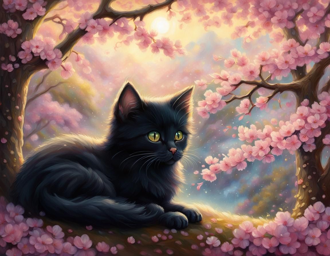 Kitten in Cherry Blossoms, Ethereal Fantasy Painting
