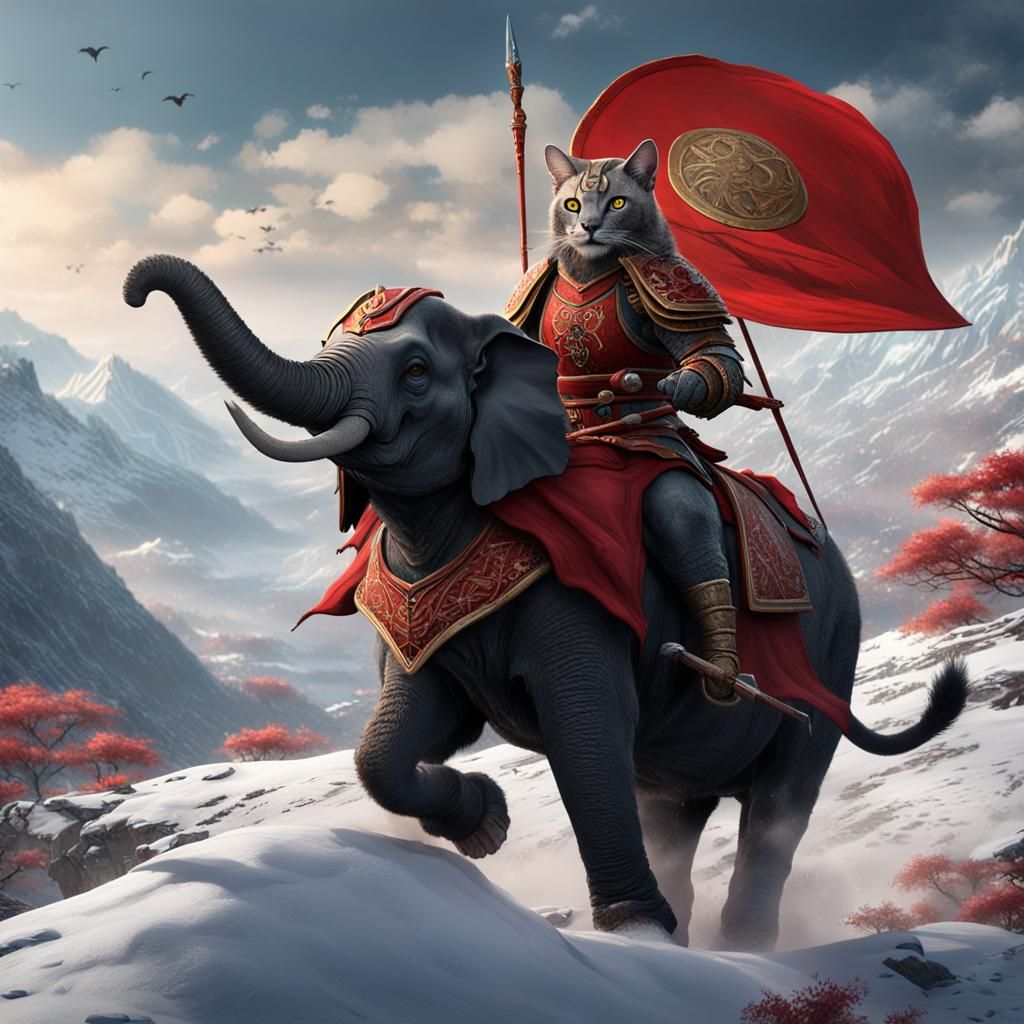 Samurai Cat on Elephant in Snowy Mountains