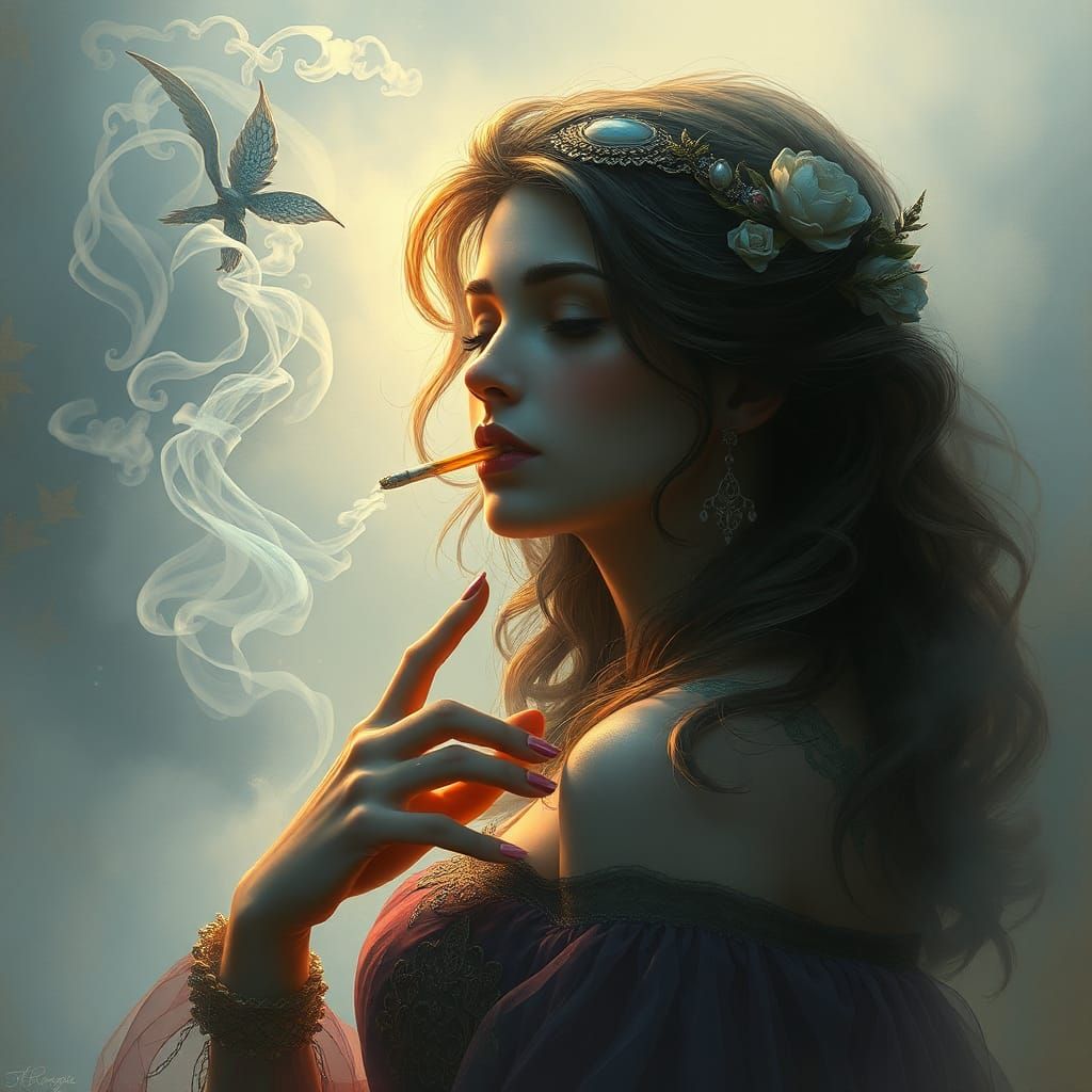 Ethereal Woman Smoking Ghost Cigarette in Fantasy Art