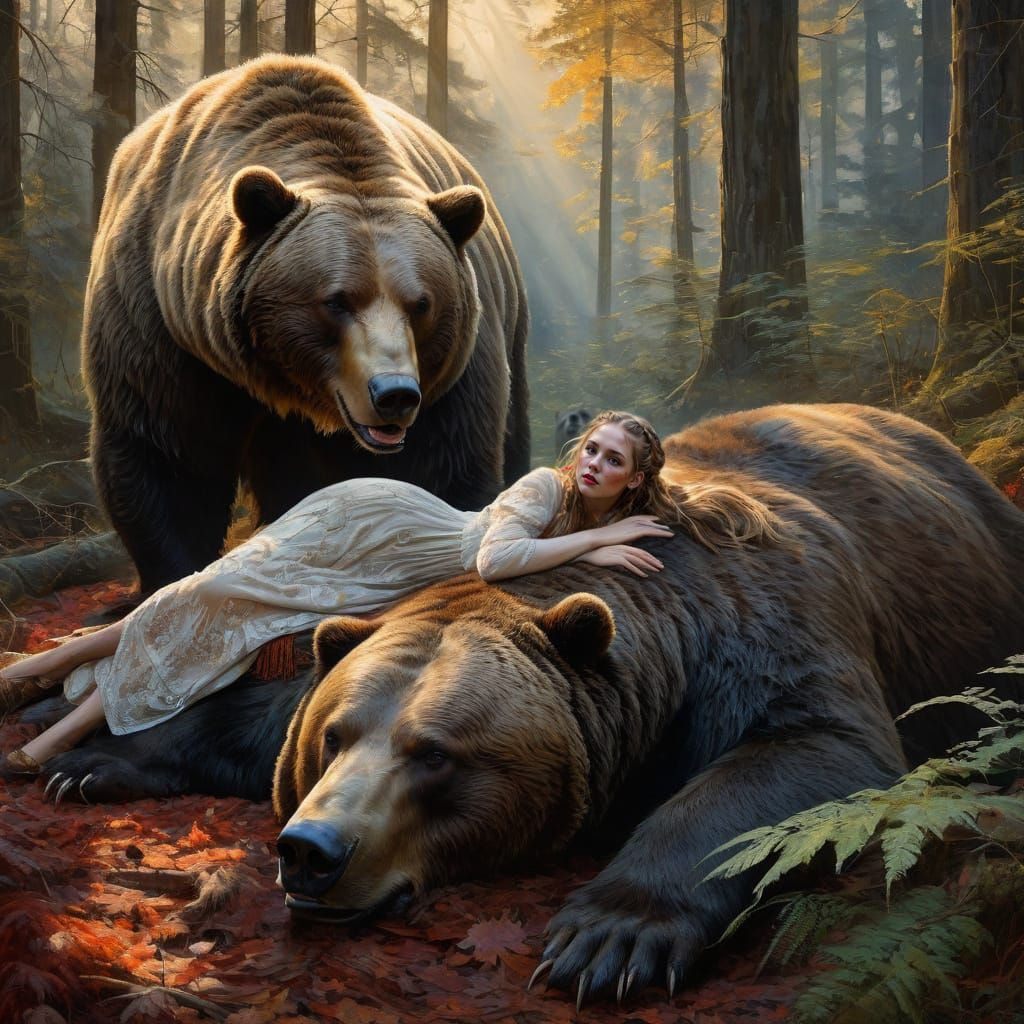 Majestic Young Woman Embraces Autumn Forest with Gentle Brow...