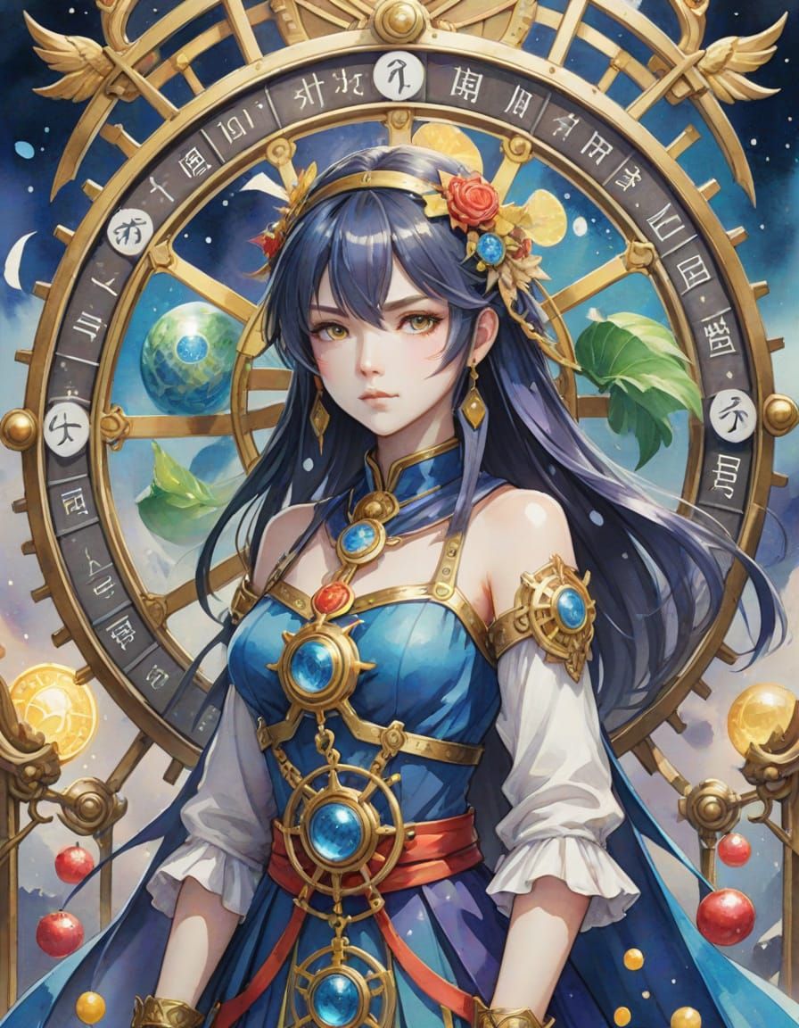 Watercolor Anime Wheel of Fortune Tarot Card