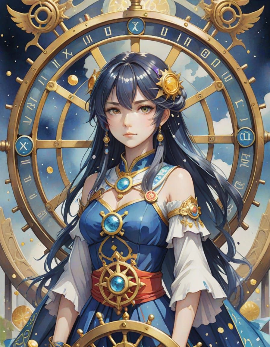 Anime Watercolor Tarot Card: The Wheel of Fate