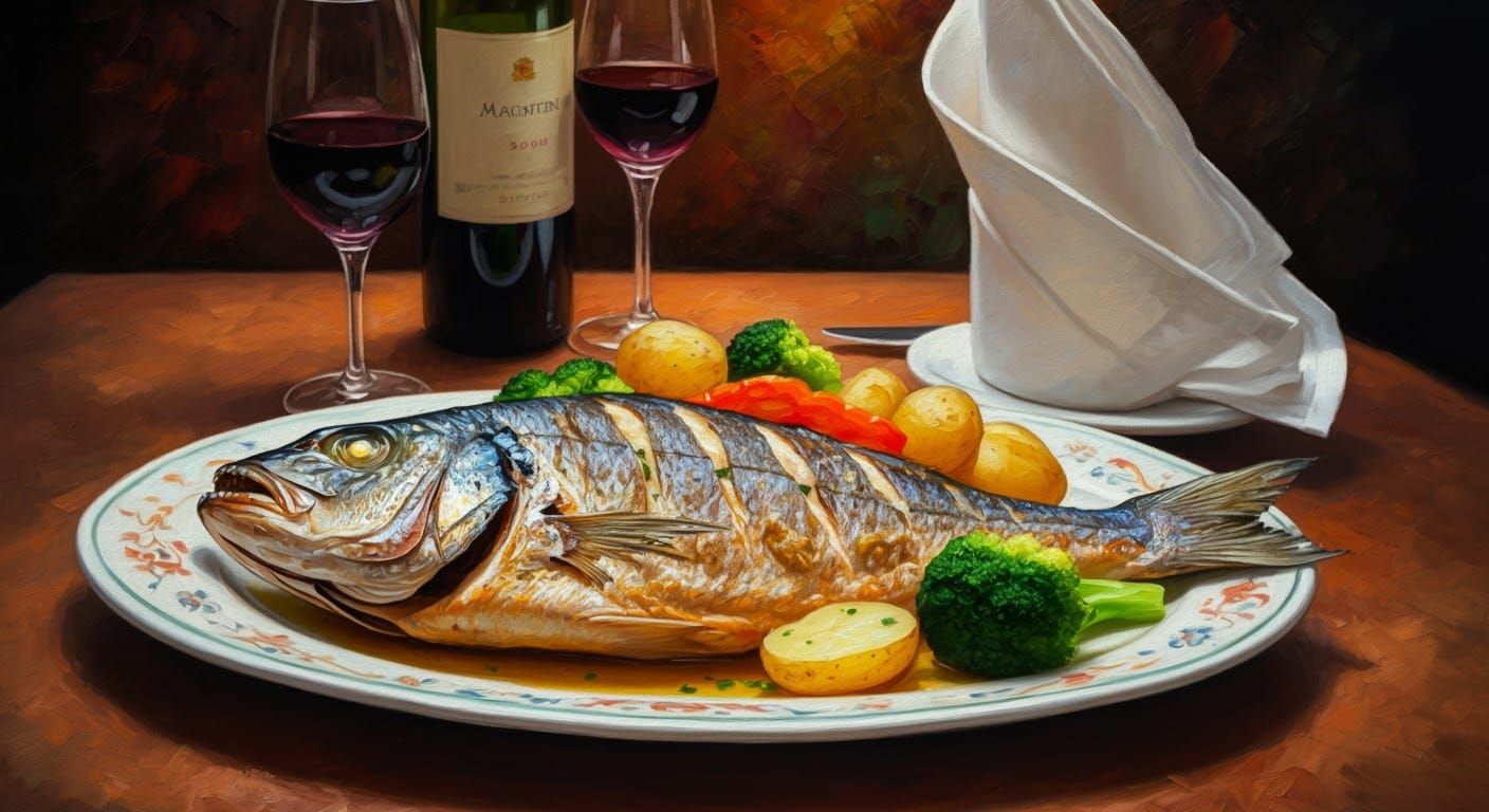 Iridescent Fish Dinner: A Hyperrealistic Oil Painting