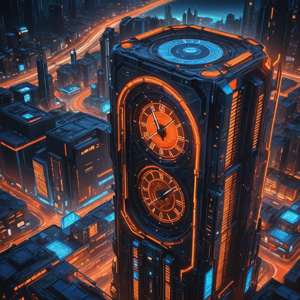 Futuristic Road Tower with Digital Clock in Sci-Fi Style