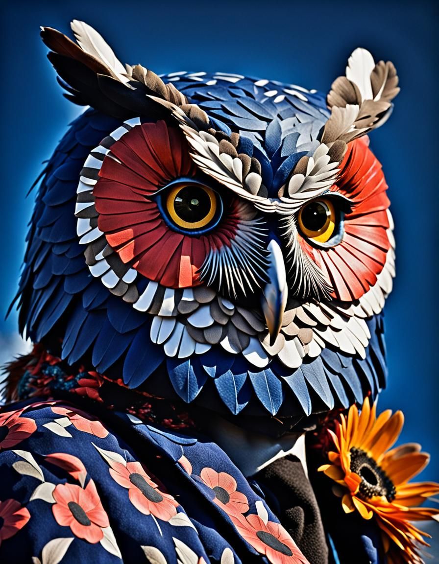 Floral Owl Onryō Portrait in Editorial Style