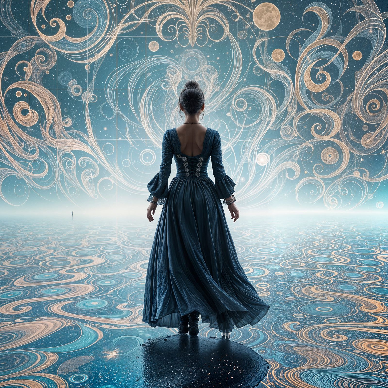 Person Steps onto Shimmering Expanse in Surreal Style