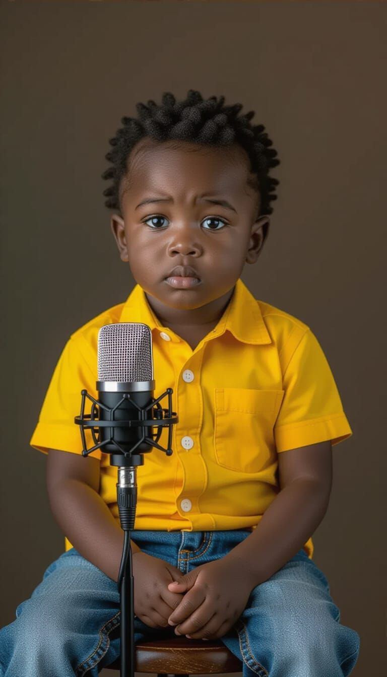 Serious Toddler Podcast in Hyperrealistic Portrait