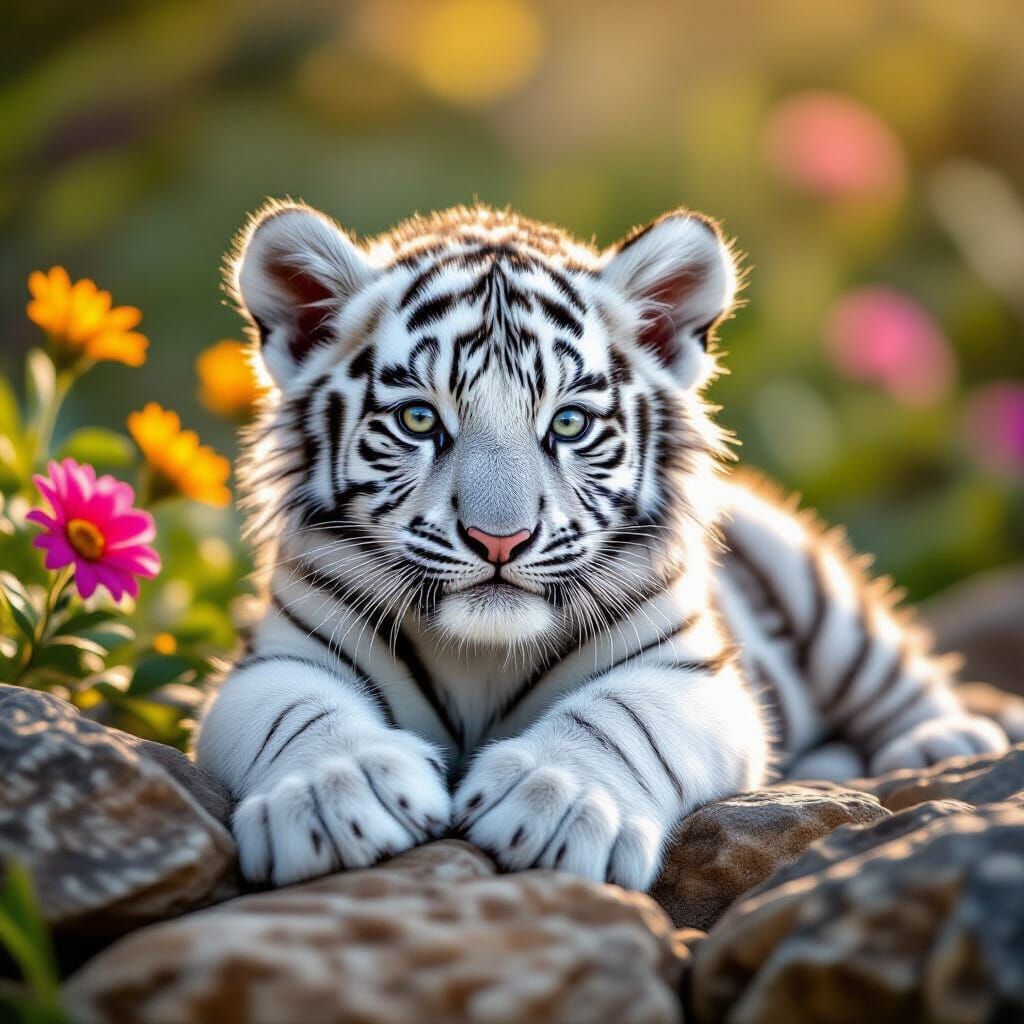 Baby Snow Tiger on Rocks with Vibrant Flowers