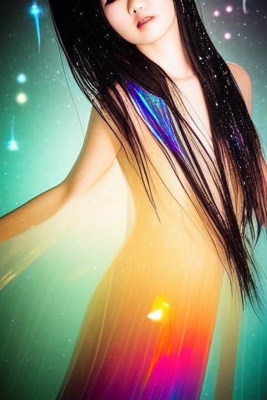 Nebula Dress on Japanese Woman in Glass Art Style