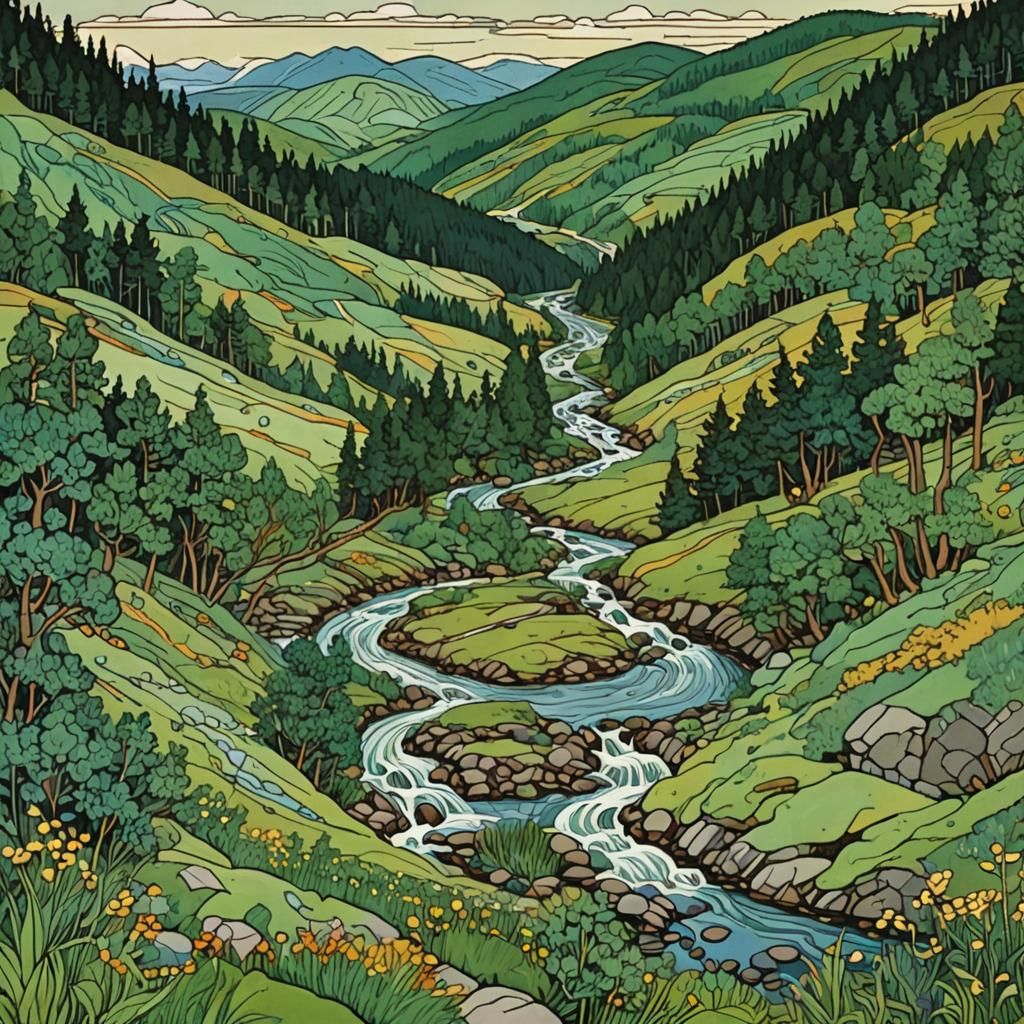 Abstract Valley Stream Art with Fine Details