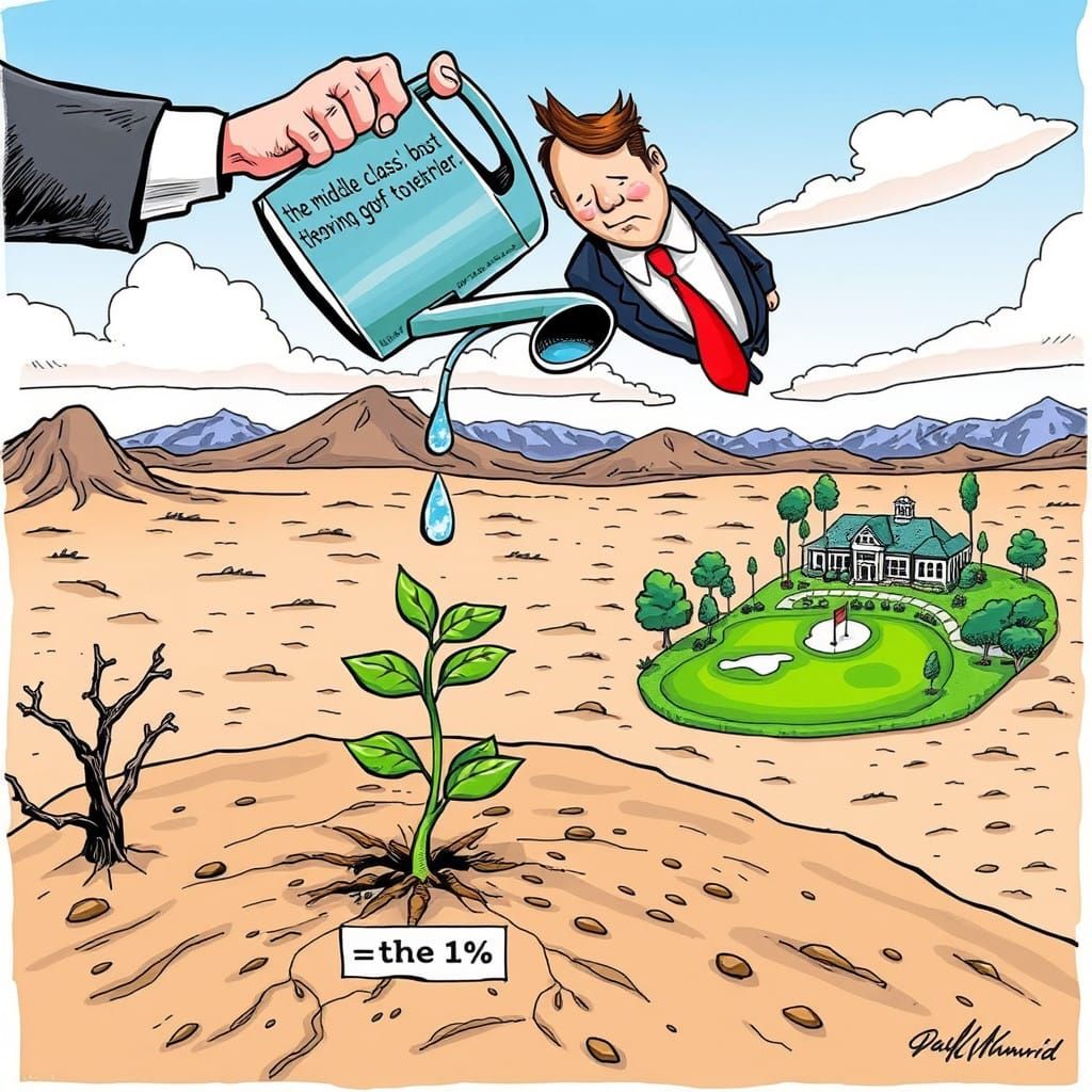 Scoffs at Trickle-Down Economics with Sharp Comic Book Style