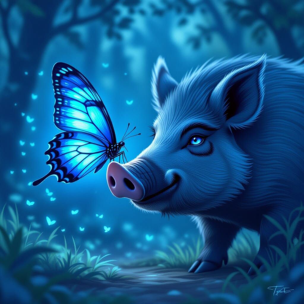 Ethereal Blue Butterfly Meets Anime Boar in Mystical Forest