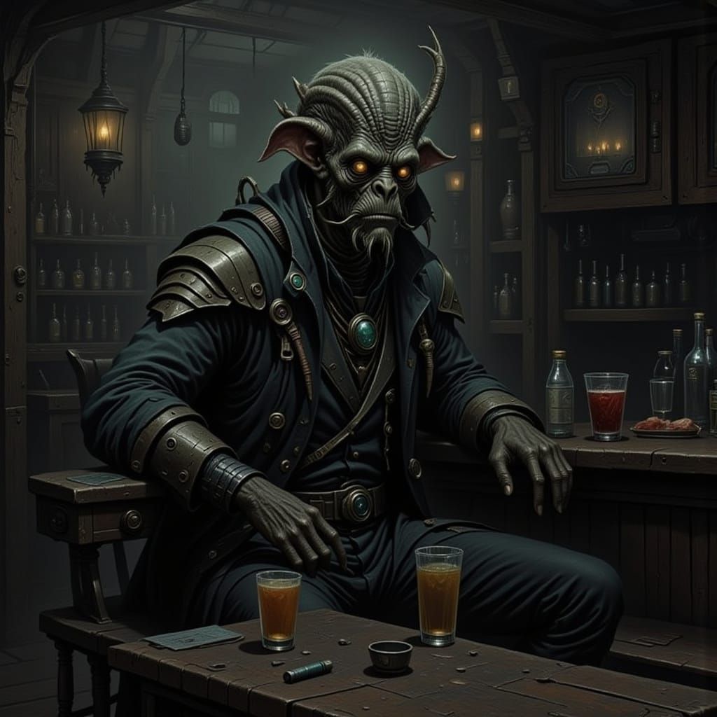 Alien Character Sits in Dark Sci-Fi Bar