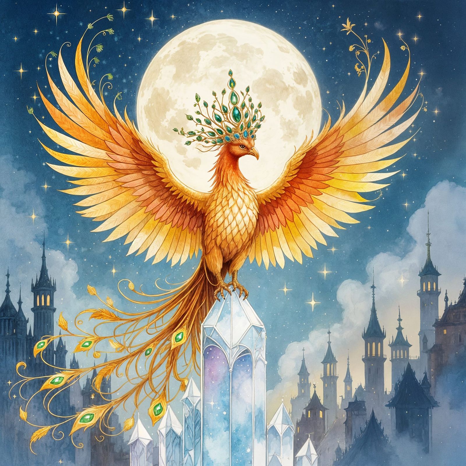 Regal Phoenix Adorned with Crown in Ethereal City