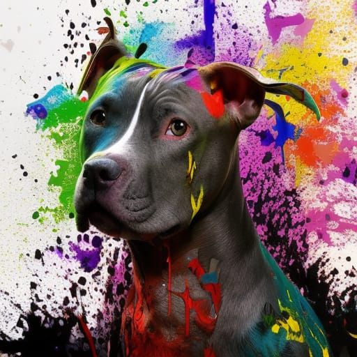 Colorful Pitbull Portrait with Paint Splatter in Digital Art