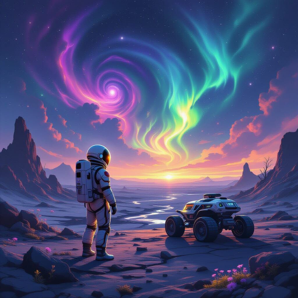 Astronaut on Cracked Planet Gazing at Nebula Sky