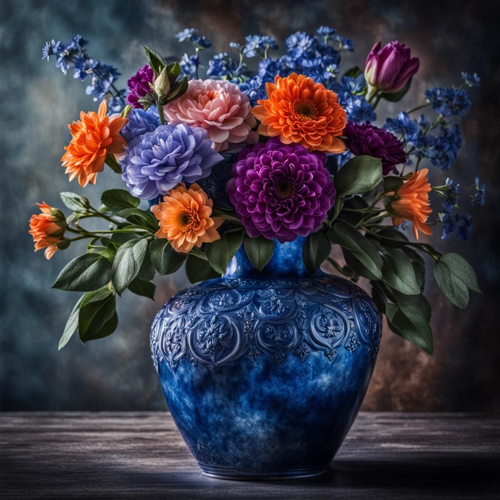 Hyperrealistic Flower Arrangement in Blue Vase