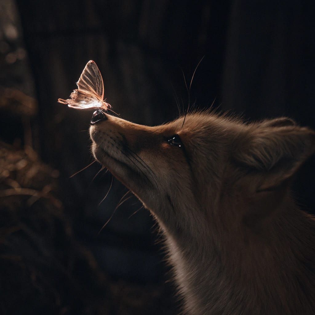 Fox and Crystal Butterfly in Whimsical Garden