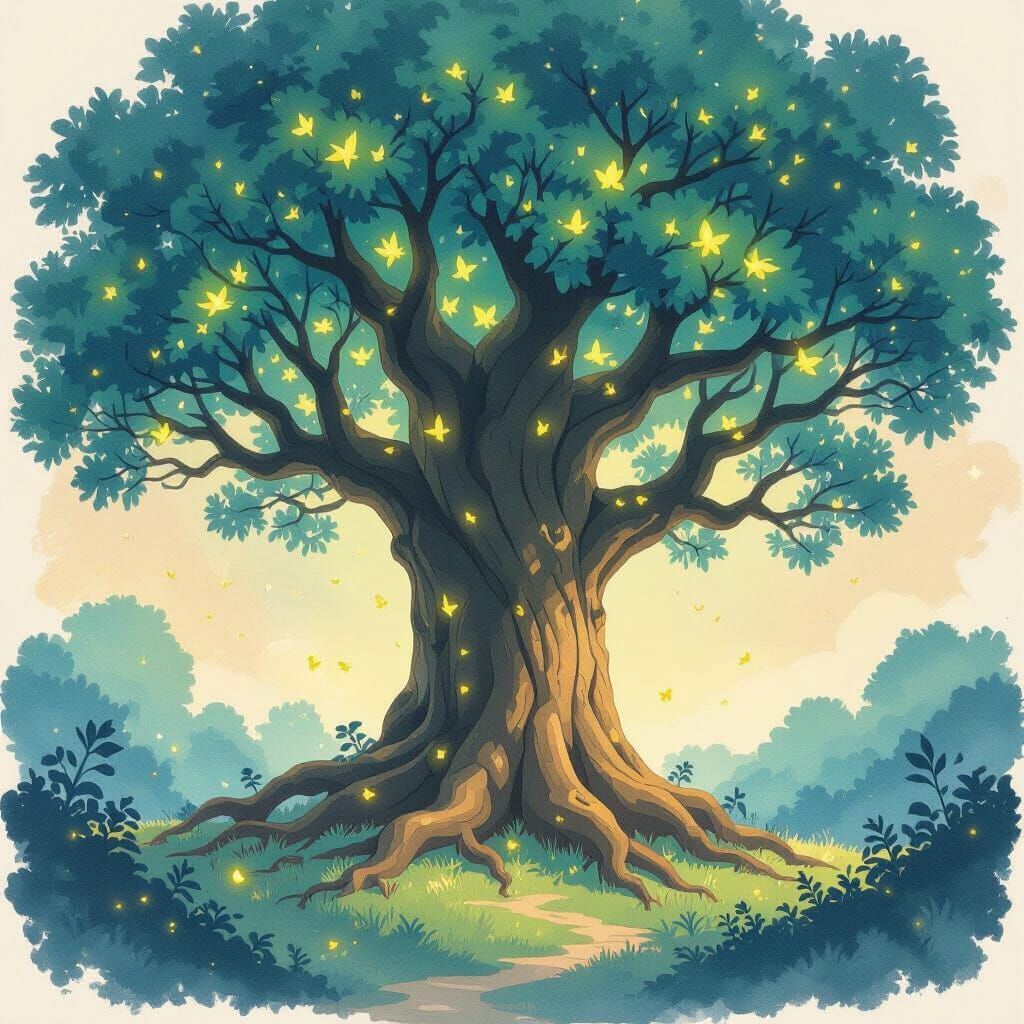 Bioluminescent Tree in Ghibli-Style Watercolor