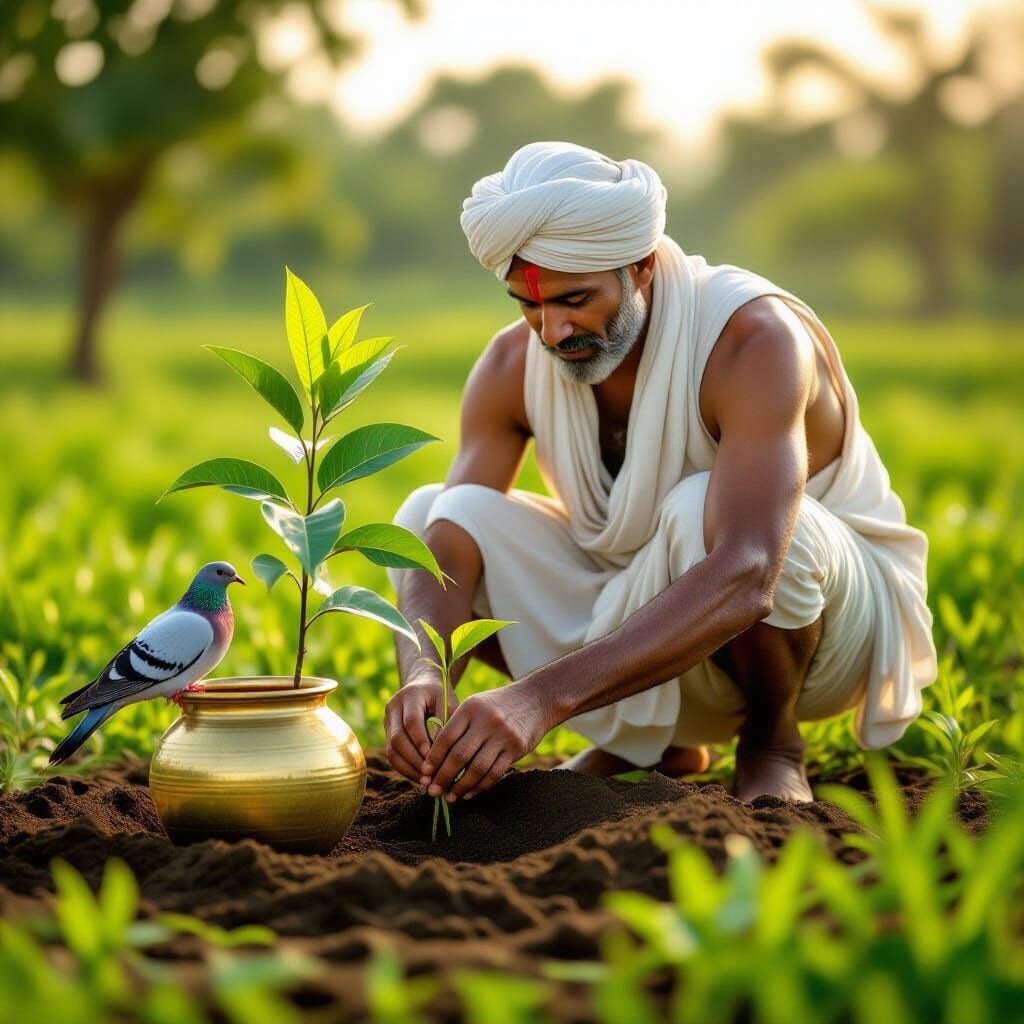 Indian Farmer Plants Mango Sapling in Realistic 8K Style