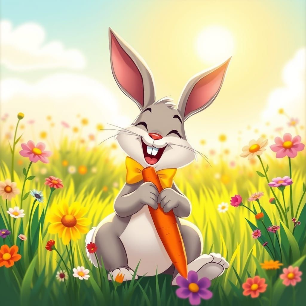 A whimsical,buggs bunny style character sitting in a sunlit ...