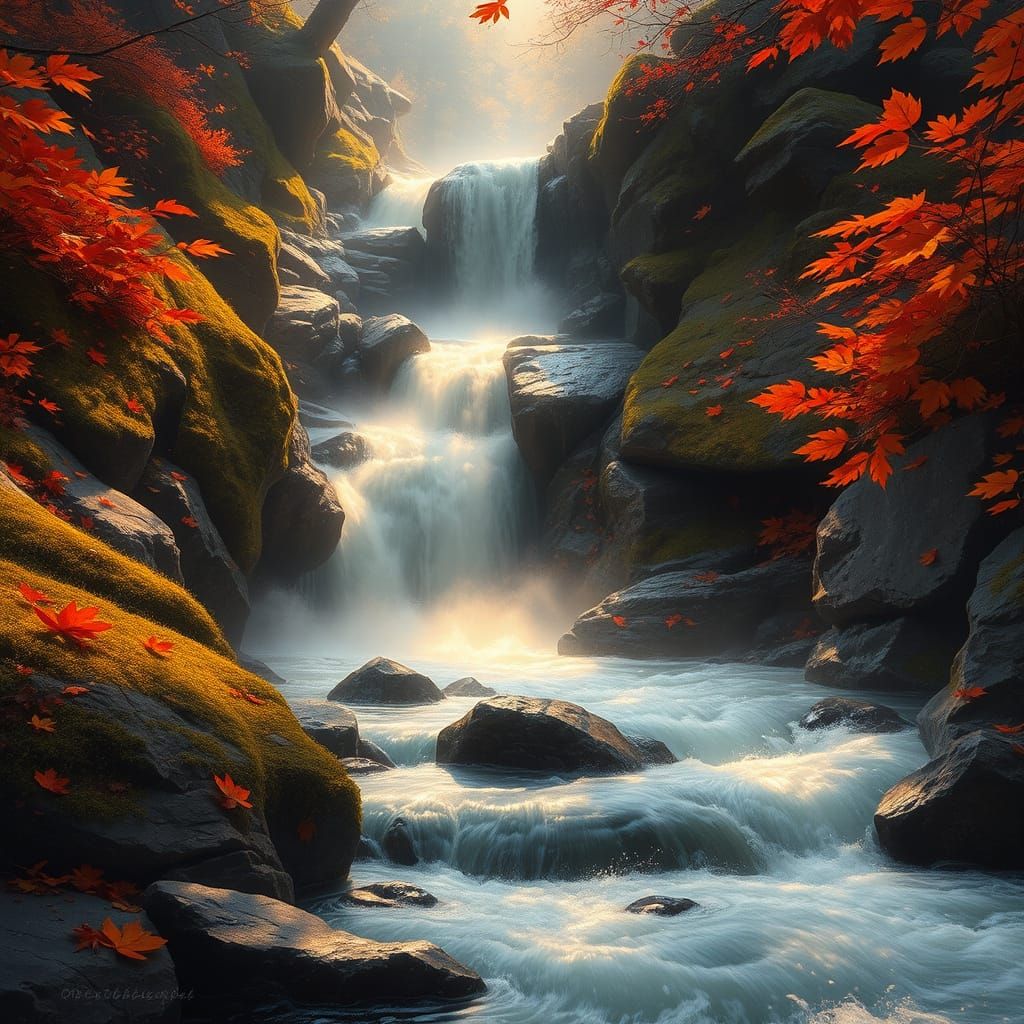 Serene Autumn Waterfall in Luminous Fall Colors