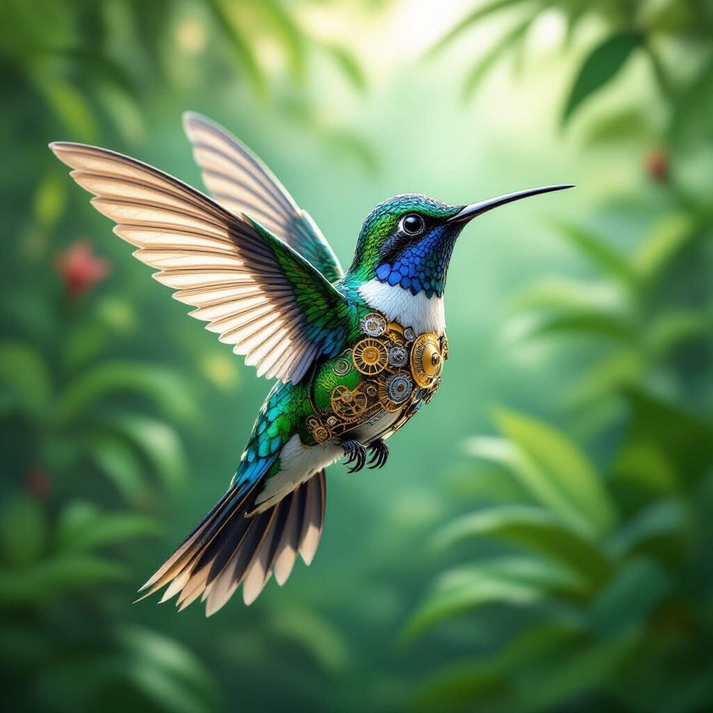 Mechanical Hummingbird in Lush Garden, ArtStation Concept Ar...