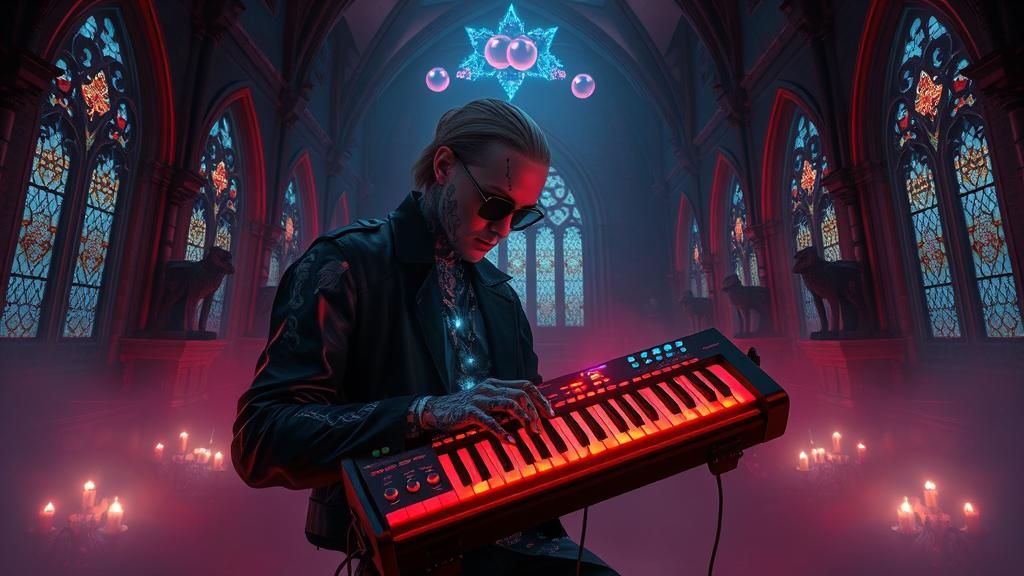 Steampunk Cyborg Plays Synth in Gothic Church