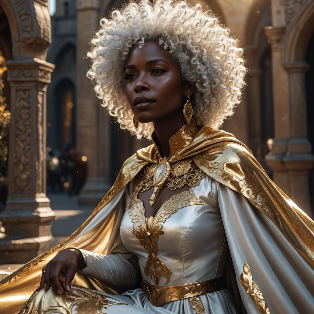 Elegant Woman with White Afro in Gold Gown