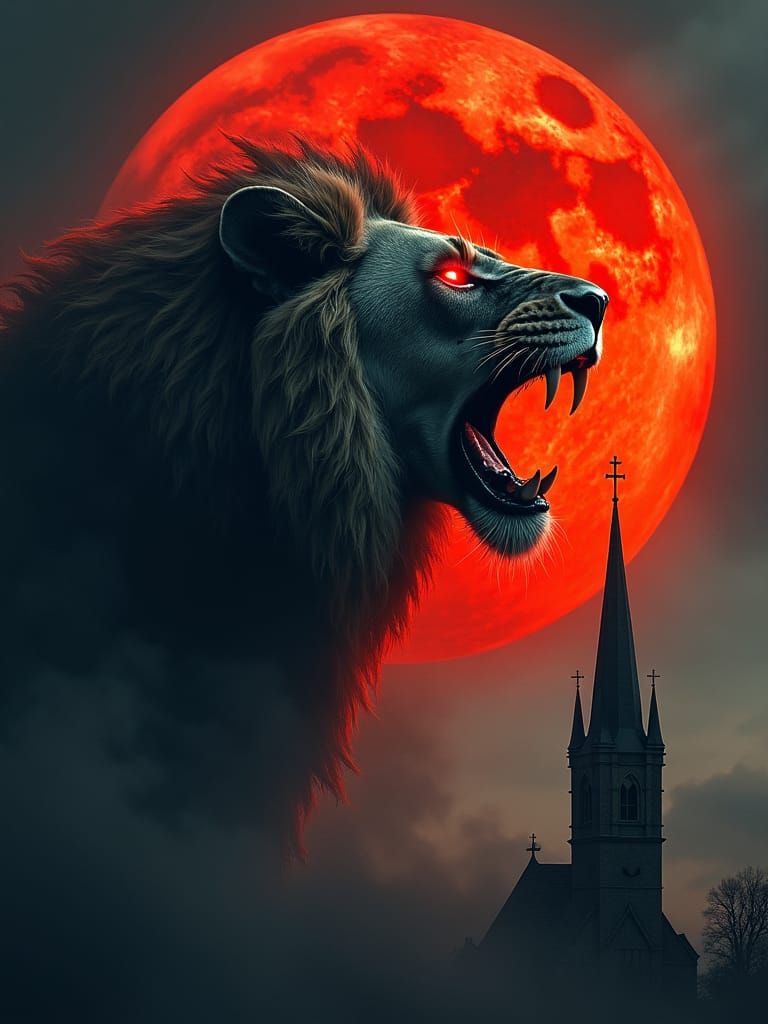 Majestic Lion's Head with Red Moon and Church