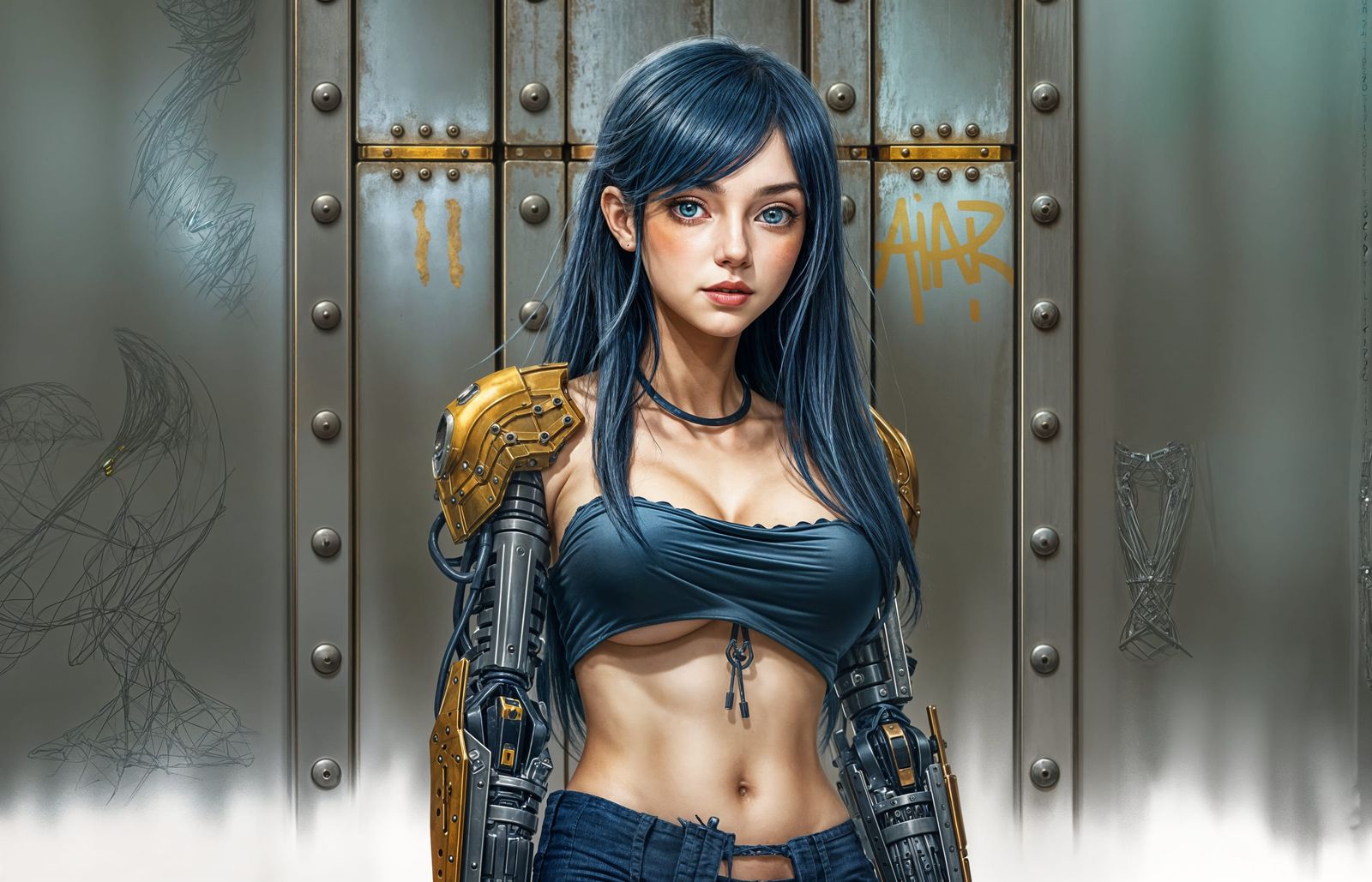 Cybernetic Woman with Blue-Black Hair in Realistic Style