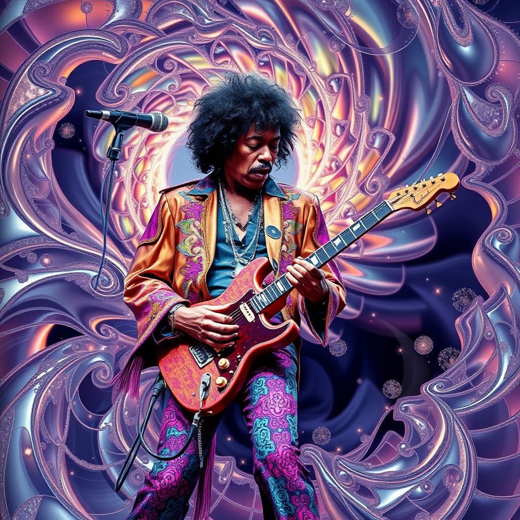 Jimi Hendrix Performs Amidst Iridescent Fractals