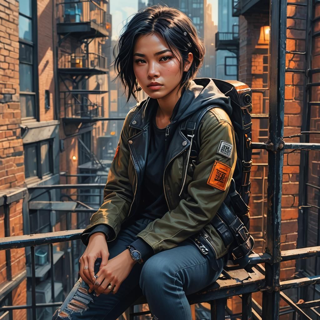 Asian Woman in Urban Fantasy, Hyperrealistic Digital Art