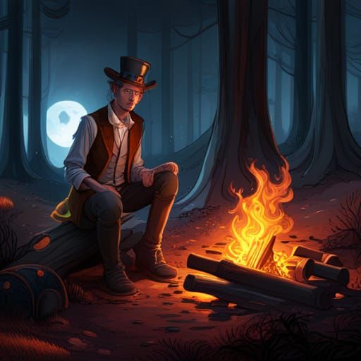 Steampunk Cyborg Cowboy at Campfire in Forest
