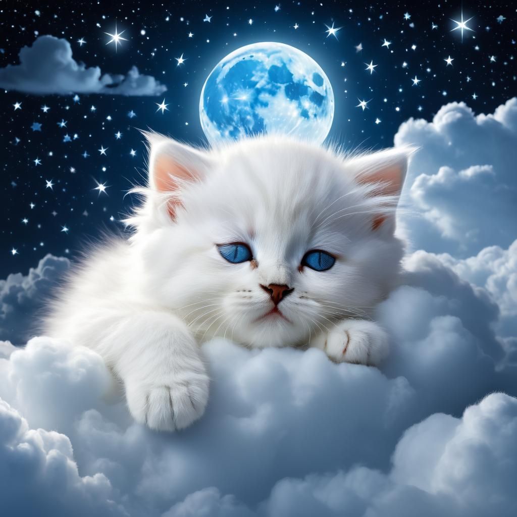 Kitten Sleeping on Clouds Under Blue Moon