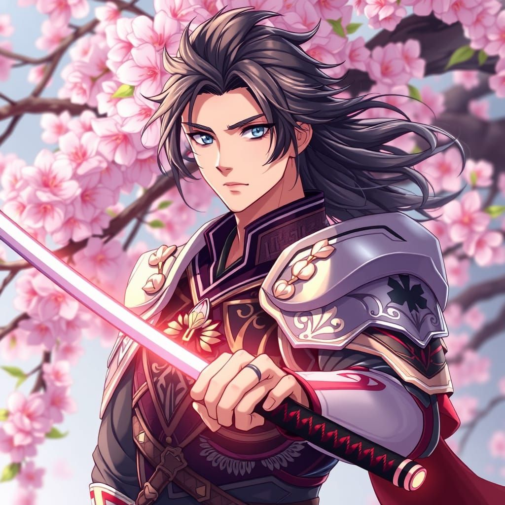 Anime Man with Katana in Cherry Blossom Garden