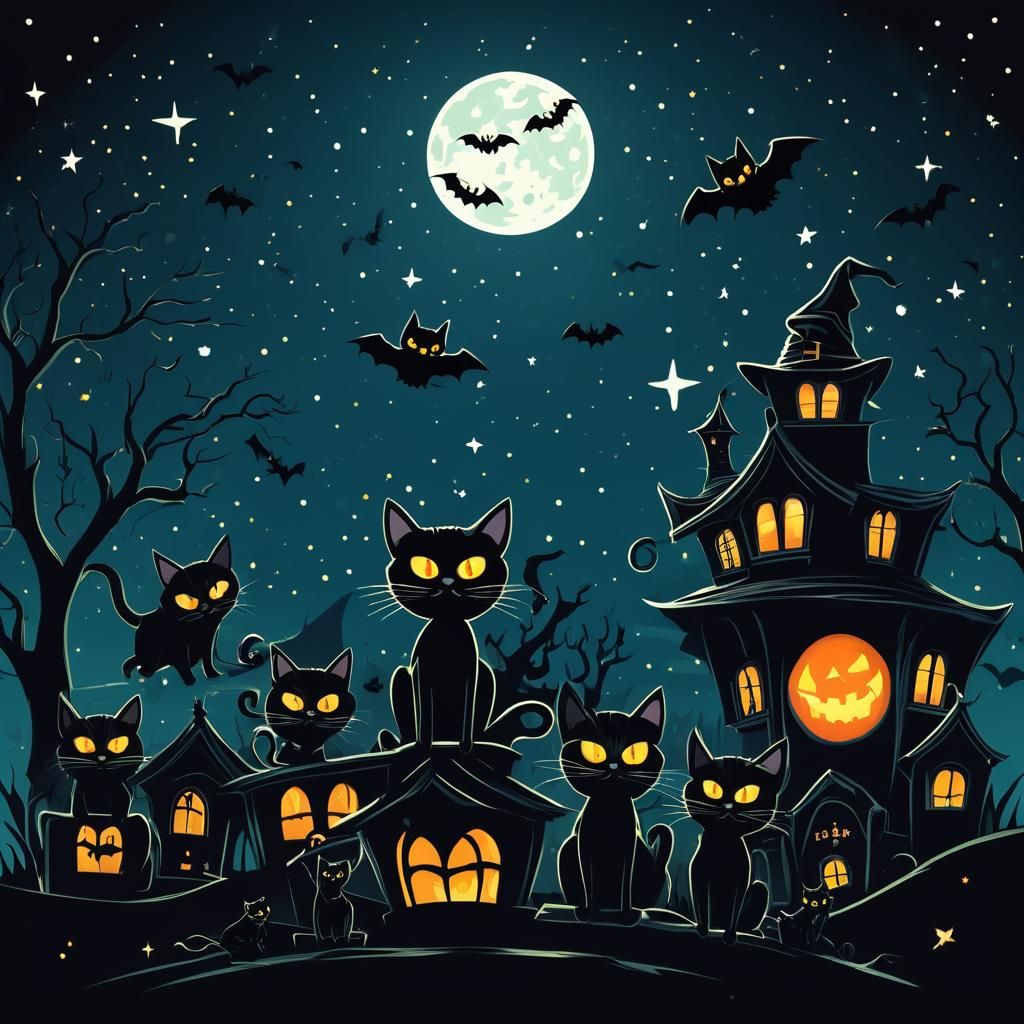 Spooky Halloween Night Vector with Cats and Witch