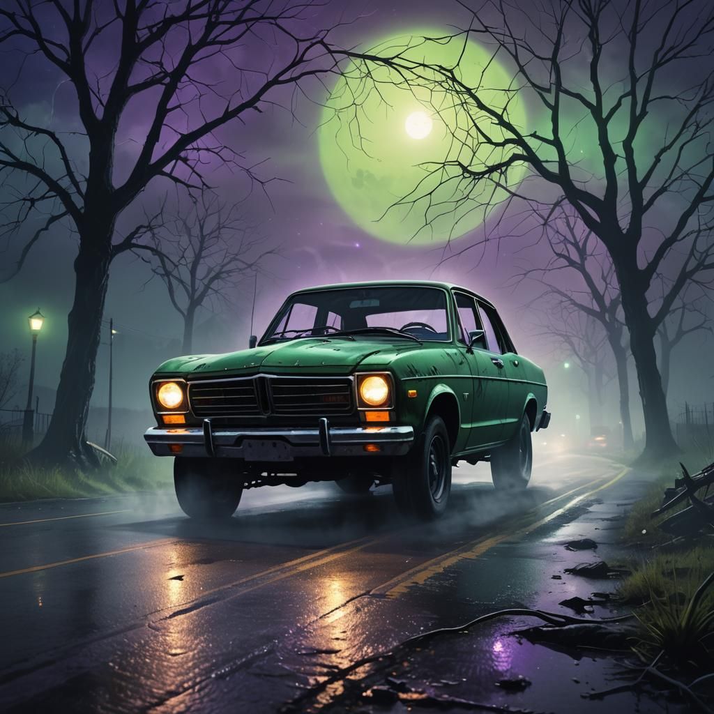 Haunted Car on Deserted Road at Night