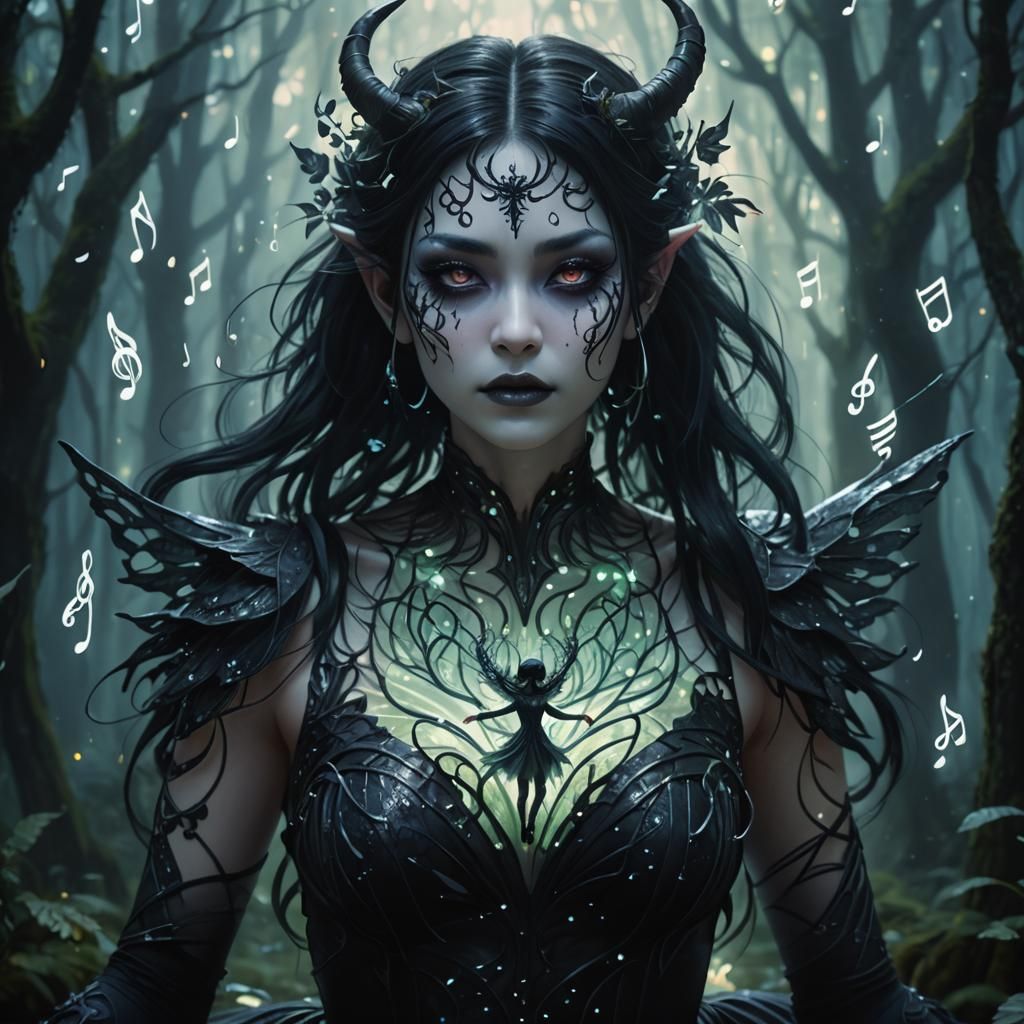 Gothic Demon Girl Dancing in Mystical Forest