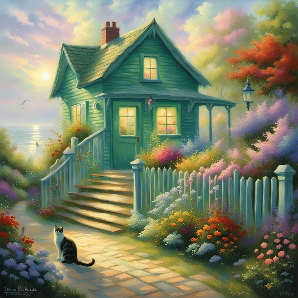 Cats on Cottage Porch in Ethereal Fantasy Style