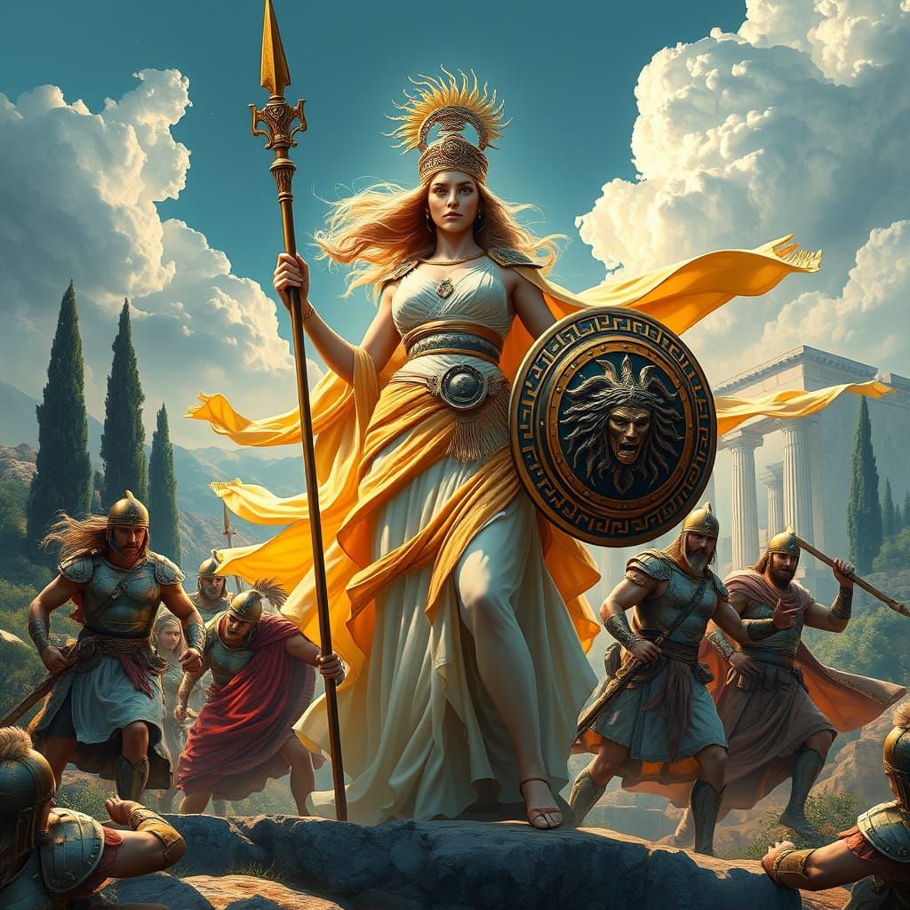 Goddess Athena in Ethereal Greek Warrior Landscape