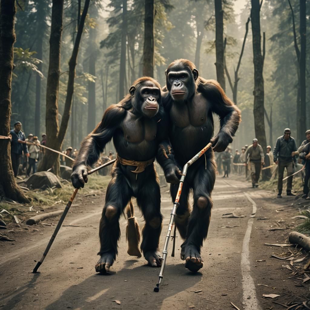 Ape on Crutches Wins Race: Cinematic Film Still