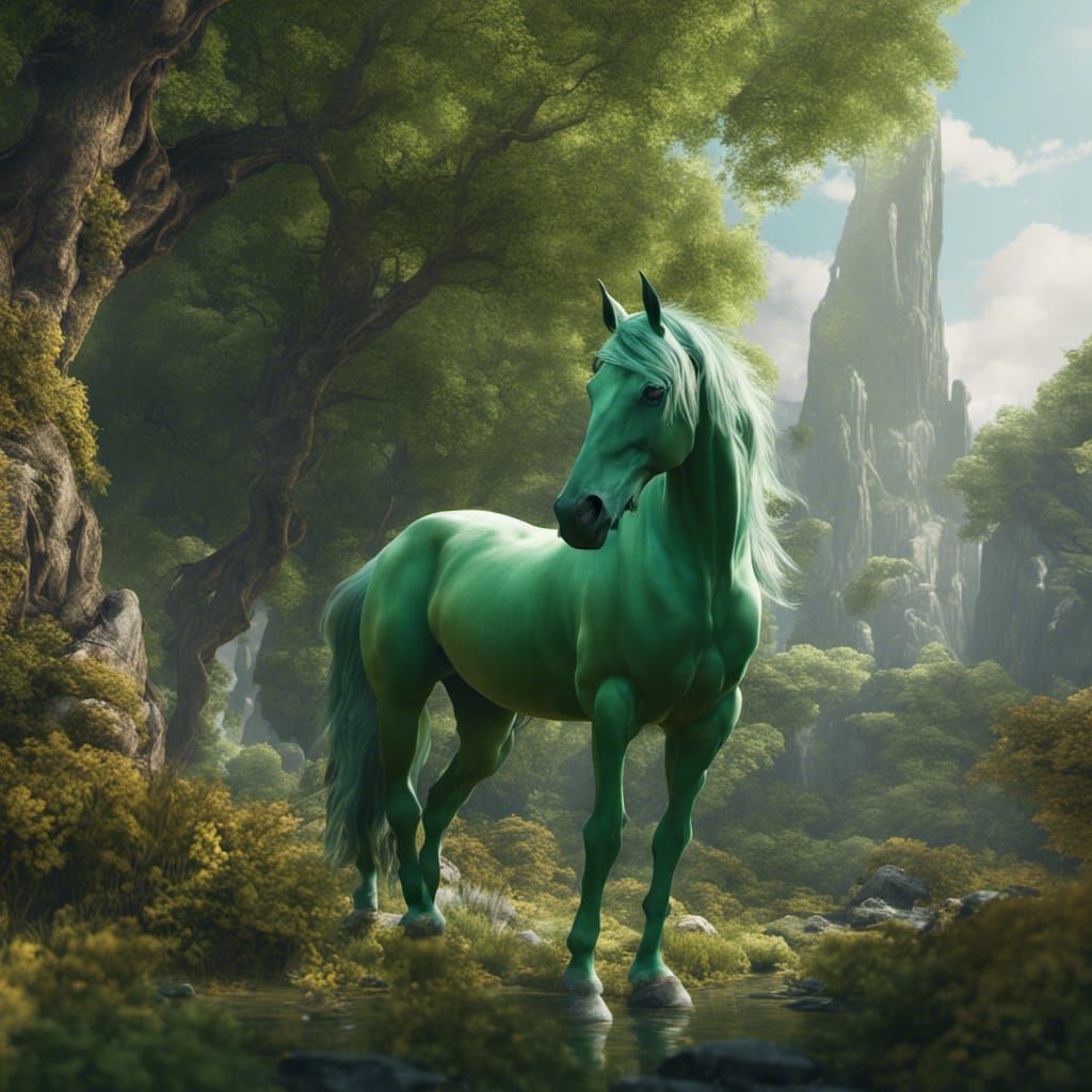 Fantastical Green Horse in Detailed Matte Painting
