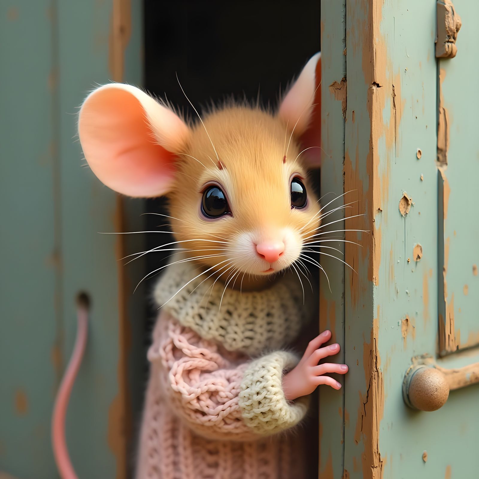 Shy Mouse Peeking Around Corner Wearing Sweater