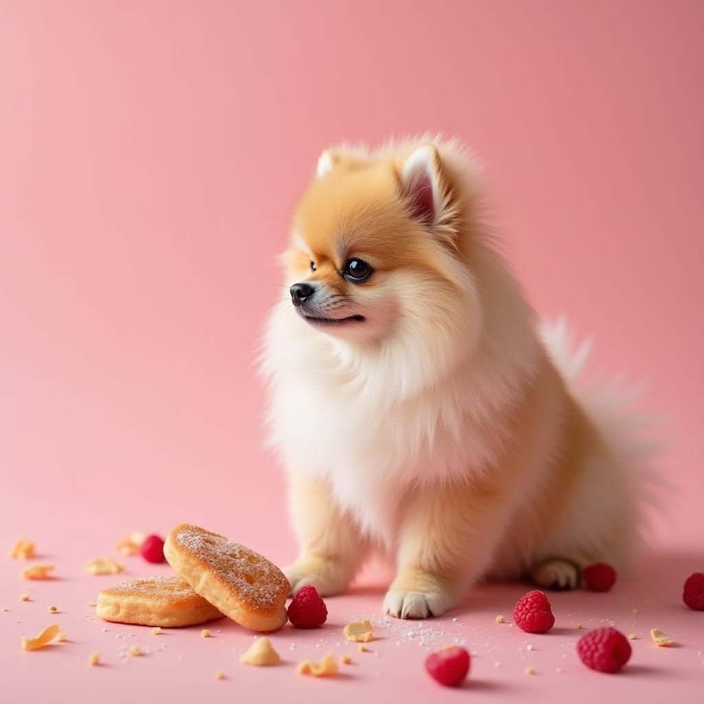 Fluffy Pomeranian with Pastries and Raspberries