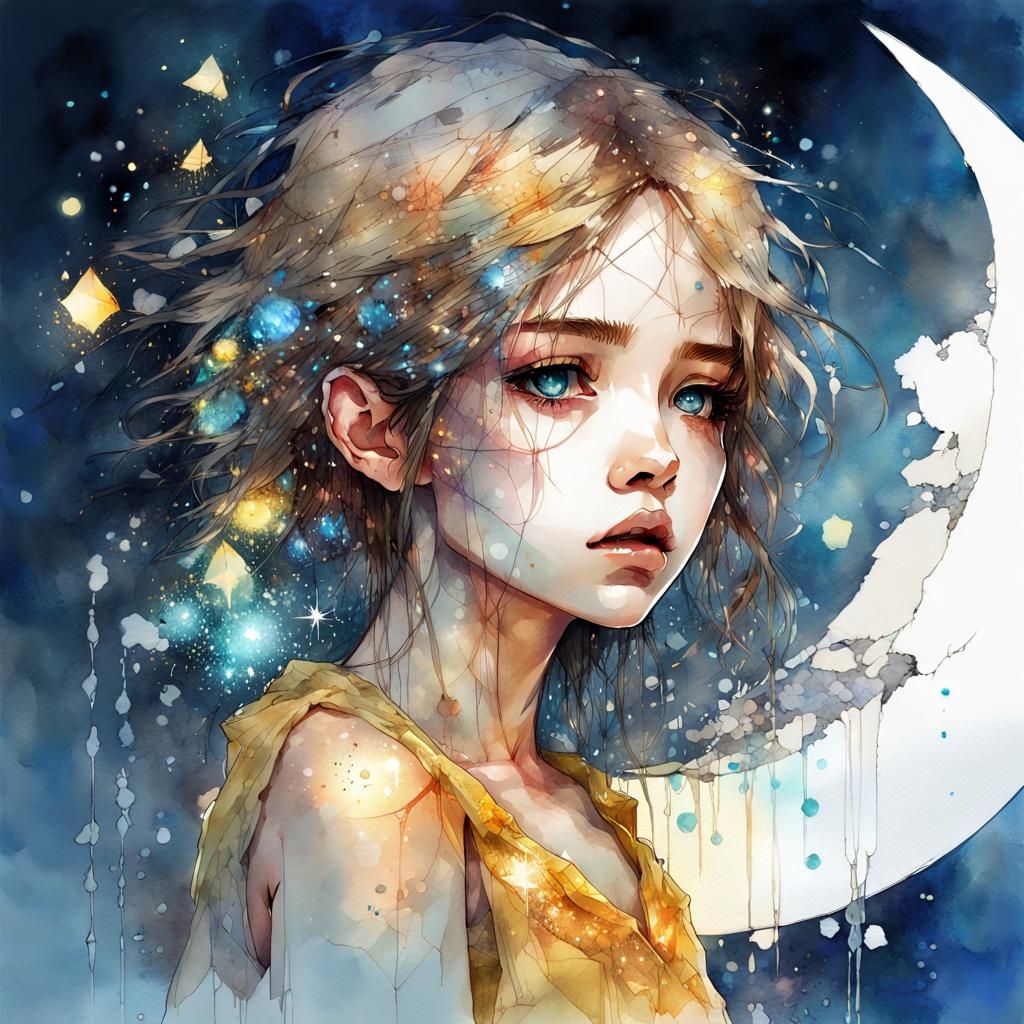 Crystalline Woman in Fantasy Watercolor Landscape