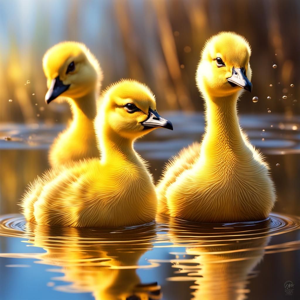 Yellow Goslings Reflected in Pond: Hyperrealistic Splash Art