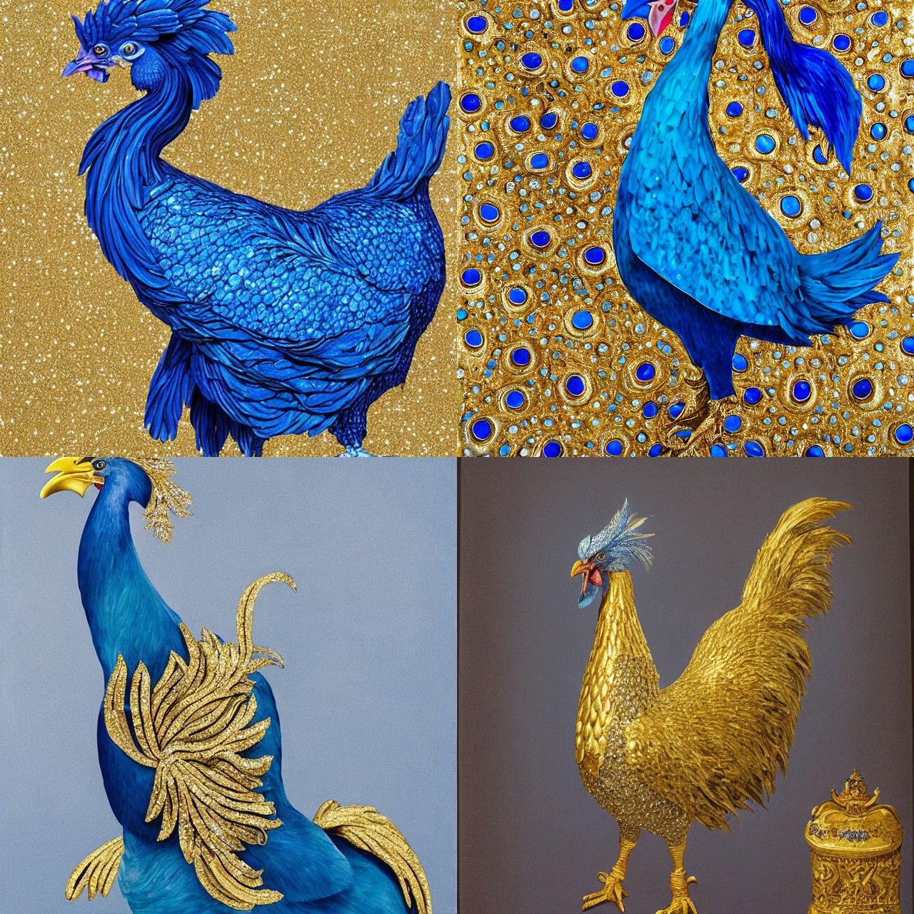 Majestic Blue Chicken with Gold, Hyperrealistic Art